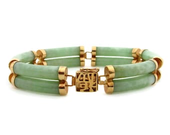 14K Yellow Gold Green Jade Link Bracelet - 12 Panels - Double Curved Tube Bar Bracelet - Green Vintage Jade 7 inches or 18.5 cm Long # 5440