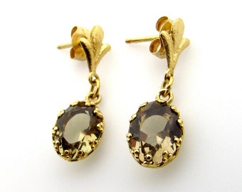 14K Yellow Gold Smoky Quartz Oval Dangle Earrings - Post Back - Pierced - Vintage Quartz Earrings - Gifts for Her Mom - Quartz Gemstone # 79
