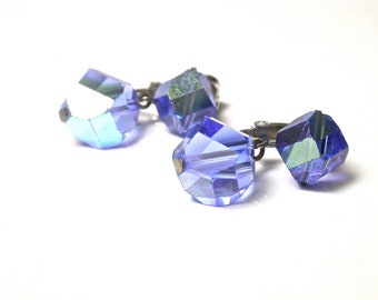 Vogue Earrings - Vintage Blue Glass Earrings - Clip on - Silver Tone - Designer Costume Jewelry - Silver Tone - Gifts for Her - # 740