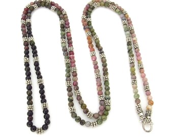 Natural Tourmaline Bead and Sterling Silver Bali Disks Multicolor Necklace - 37" long or 100 cm - Multi Color Long Bead Necklace # 5486