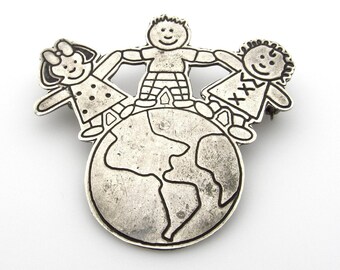 Sterling Silver Save The Children Brooch World Globe - Mexico 925 EFS - Statement Pin - Figural Children - Vintage Lovers # 5252