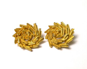 BSK Earrings - Vintage Earrings - BSK Clip on Gold Tone Earrings - Designer Earrings - Flower Design - Price Reduced # 1423