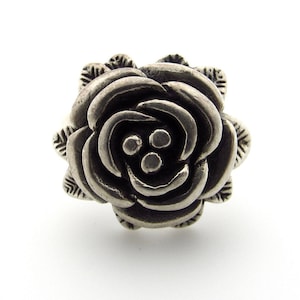 Sterling Zilveren Rose Bloem en Bladeren Ring - Vintage Geoxideerde Ring - Floral Statement Lente - Maat 9.5 - Cadeaus voor Haar - 9 Gram # 5255