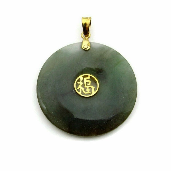 14K Yellow Gold Round Disc Jade Pendant - Medium Dark Green Jade - Round 30 mm Character Letter Disc - 4.9 Grams - Gifts for Her # 5224