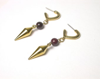 Gold Plated Dangle Post Back Earrings with Maroon Beads - Pierced - Post Back # 1425