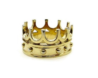 Crown Ring - Vintage Gold Plated Wide Crown Ring - Sterling Silver with Gold Layer - Vermeil - Royalty - King - Queen - Size 7.25 # 4969