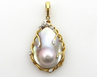 14K Yellow Gold Diamonds Mabe Pearl Large Enhancer - Blister Pearl Diamonds Pendant - Weight 11.9 Grams - Gifts for Her Mom # 5416