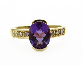 14K Yellow Gold Amethyst and Diamond Ring - Size 6.25 - Oval Purple Quartz Ring - Gifts for Her Mom - Estate Jewelry # 5467