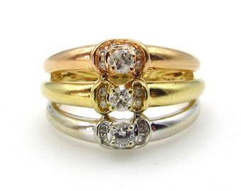 14K Yellow Gold, White Gold and Rose Gold 3 Diamond Ring with 14 Accent Diamonds - Size 6.25 - Weight 4.1 Grams - Multi Color Gold # 5472