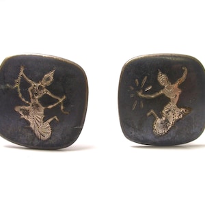 Boutons de manchette en émail Niello en argent sterling - Mekhala & Ramasoon - Siam - Boutons de manchette du début de la Thaïlande - Danseur - Meilleur homme - Argent noir # 1103