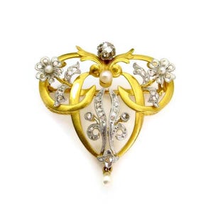 Antique Art Nouveau Rose Cut Diamonds & Pearls Brooch Pendant in 18K Yellow Gold and Platinum - One of a Kind - Unique - Fine Jewelry # 5734