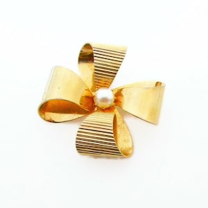 Swoboda Ribbon Brooch Gold Tone Genuine Cultured Pearl - Swoboda Vintage Collection - Designer - Gifts for Her - Estate Jewelry # 4920