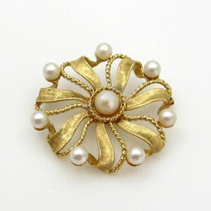 14K Yellow Gold and Pearl Brooch - Large Pin Saltwater Akoya Cultured Pearls - 7 mm & 5 mm Pearls - Pinwheel Rope Design Gifts for Her # 100