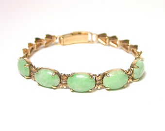 Vintage Bracelet - 14K Yellow Gold and Green Jade Bracelet - 5 Oval Jade Stones - 6.5&quot; long - Weight 11.9 Grams - gifts for her # 1315