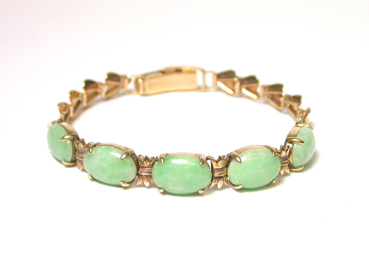 Estate Traditional 14K Jade Multi-Color Panel Bracelet