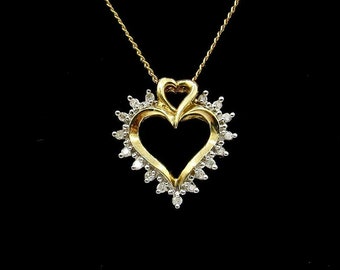 10K Yellow Gold Open Heart Diamond Pendant - Valentines - Sweetheart - Double Heart Pendant - Love - Friendship - Gifts for Her Mom # 1369