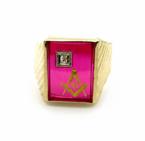 10K Yellow Gold Diamond Ruby Masonic Ring - Size … - image 1