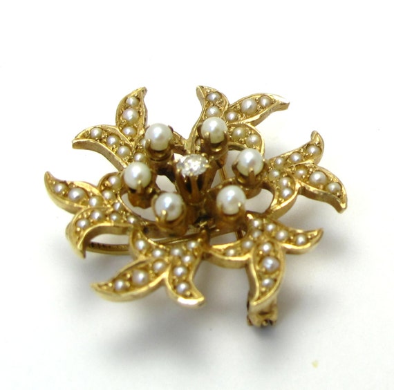 Vintage Brooch - 14k Yellow Gold Diamond Pearl an… - image 5