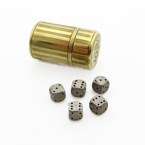 14K Yellow Gold Case with 5 Mini Sterling Silver Dice - 3D Cube Dice Set - Jonathan Club - Gambling - One of a Kind Collectable # 5425