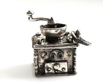 Vintage Mechanical Coffee Grinder - Movable Sterling Silver 3D Charm Pendant - Collectable - Keepsake - Articulated - Coffee Lover # 5579