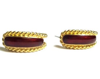 Trifari Gold Red Earrings - Half Loop Earrings - Post Back Half Hoop Earrings - Gold Tone and Dark Red Enamel - Gifts for Her # 1506