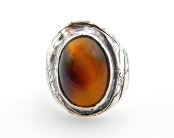 Sterling Silver Tiger Eye Ring - Size 8.5 - Brown Yellow Gem - 18.6 Grams - Men Woman Jewelry - Unisex - Oval Brown Yellow Tiger Eye # 4894