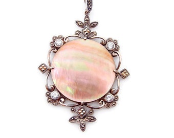 Sterling Silver Mother of Pearl Marcasite CZ Pendant - Weight 25.2 Grams - Large Round Pendant - CFJ Pink Large MOP - Gifts for Her # 4696