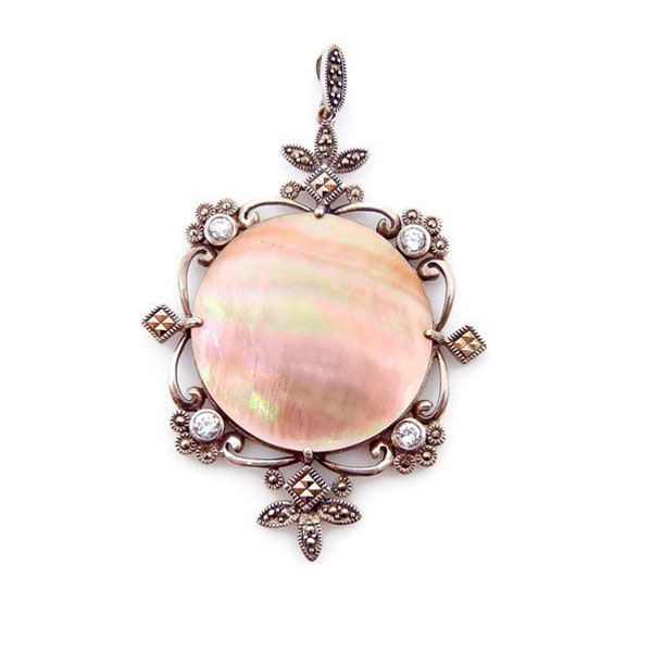 Sterling Silver Mother of Pearl Marcasite CZ Pendant - Weight 25.2 Grams - Large Round Pendant - CFJ Pink Large MOP - Gifts for Her # 4696