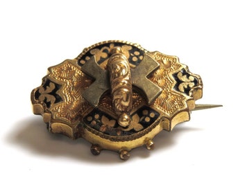 Victorian Brooch - Taille D’Epergne Enamel - Engraved Petit Pin with Black Enamel - Gifts for Her - Antique Estate Jewelry # 2212