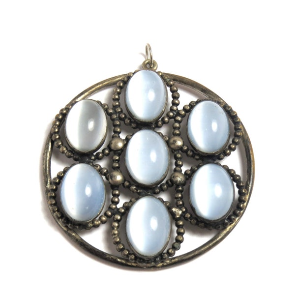 Milky Glass Round Pendant - Vintage - Silver Tone Large Pendant with Milky Glass - Lavender Blue Color # 2151