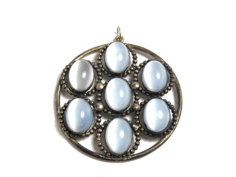 Milky Glass Round Pendant Vintage Silver Tone Large Pendant with Milky Glass Lavender Blue Color 2151 image 1