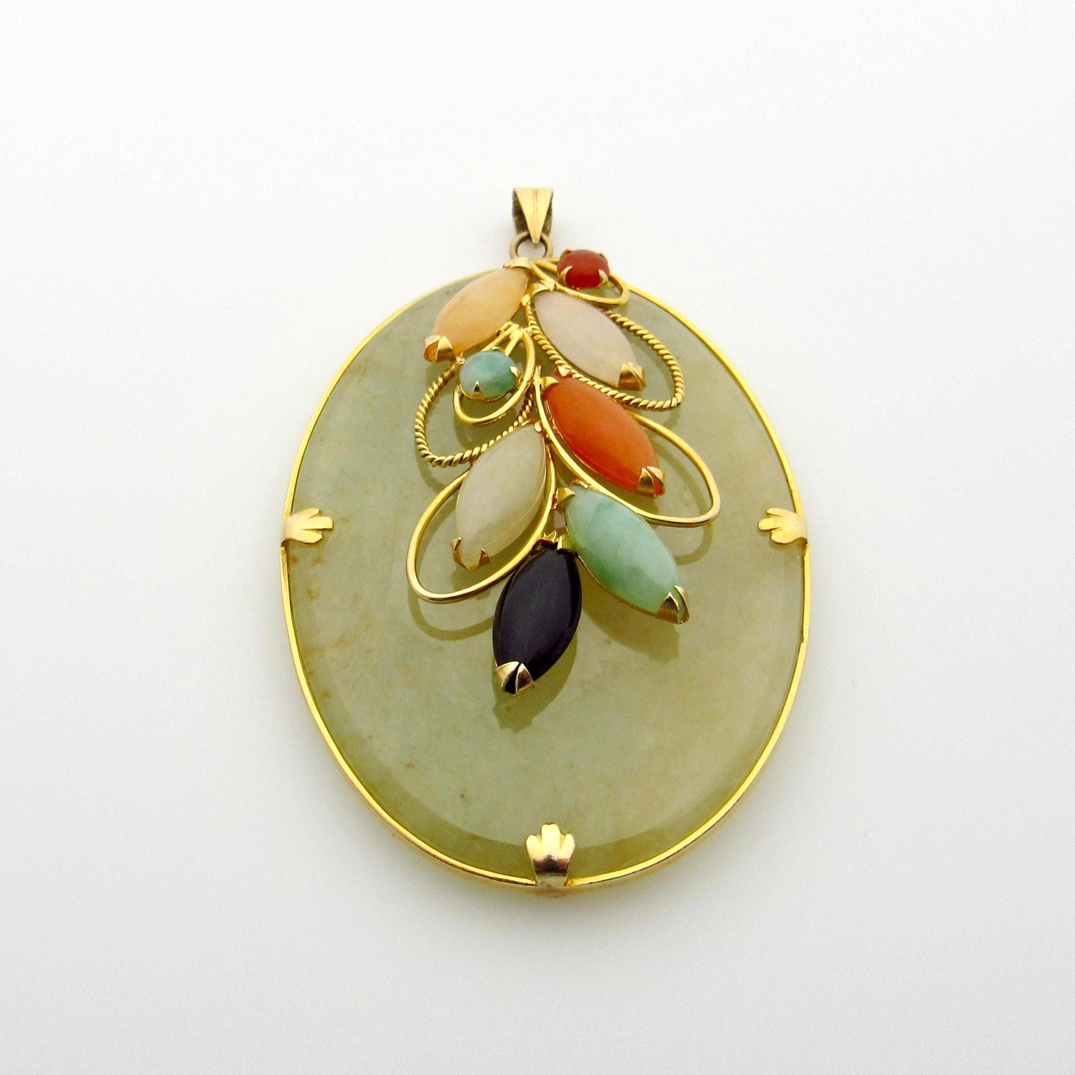 14Kゴールドマルチカラー翡翠ペンダント：ラージオーバルジェダイト
