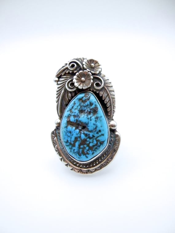 Huge Very Intricate Native American Turquoise Sterling Silver Inlay Ring Huge Very Intricate Native American Turquoise Sterling Silver Inlay Ring
