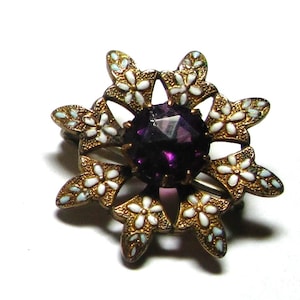 Floral Enamel Vintage Brooch: Gold Filled Purple Stone Pin # 3068