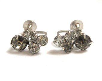Rhinestone Earrings - Vintage Clear Rhinestones Silver Tone Earrings - Screw Backs - Prom - Vintage Bride - Vintage Wedding # 2108