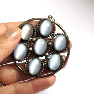 Milky Glass Round Pendant Vintage Silver Tone Large Pendant with Milky Glass Lavender Blue Color 2151 image 5