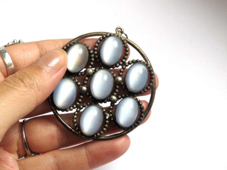 Milky Glass Round Pendant Vintage Silver Tone Large Pendant with Milky Glass Lavender Blue Color 2151 image 5