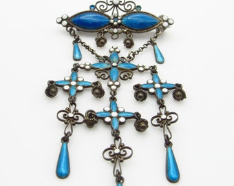 Marius Hammer Antique Art Nouveau Brooch - Norway - Turquoise Guilhoche Enamel Silver Brooch - Unique Dangle Brooch  # 5704