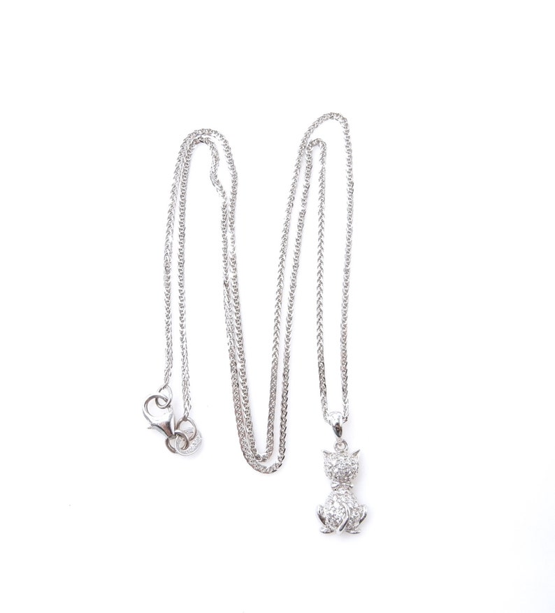 Cat Necklace 14K White Gold and Diamonds Cat Pendant With Etsy