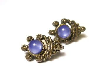 Blue Glass Earrings - Vintage Post Back Earrings - Elegant Gold Tone and Blue Glass Earrings - Post Back - Pierced # 1215