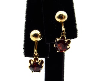 14K Yellow Gold Garnet Dangle Earrings - Screw Back - Red Gemstone Faceted - Floral Bezel - Screw Back - January Birthstone # 2225