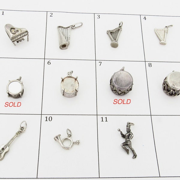 Vintage Musical Instruments Sterling Silver Charms - Piano, Harp, Drum, Guitar, French Horn, Marching Band Major - Choose 1 or More # 5518