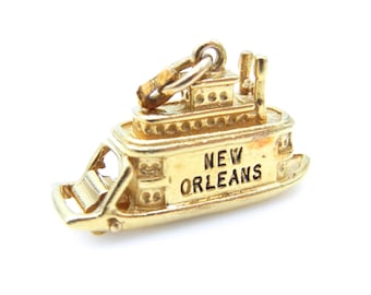 New Orleans Boat Pendant - Heavy Solid 14K Yellow Gold and Enamel Steamboat Charm 3D - Weight 10.2 Grams - Keepsake - Memories # 2092