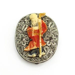 Hand Painted Chinese Man Dress Clip - Vintage Carved Bone Chinese Immortal Gods on Silver Plated Filigree Frame # 5742