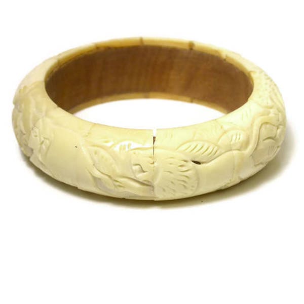 Vintage Carved Bone Wide Bangle -  Safari Themed Bracelet - Figural - Animal Bangle - Wide Bracelet - Gifts for Her - Bone Bracelet # 1254