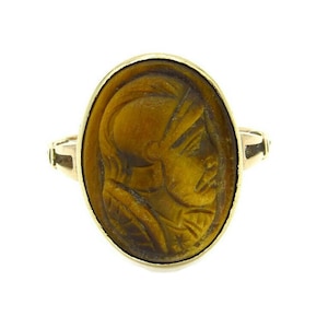 Antique Victorian 10K Yellow Gold Tiger Eye Cameo Ring - Size 5 - Carved Roman Soldier Warrior Trojan Ring - Unisex - 5276