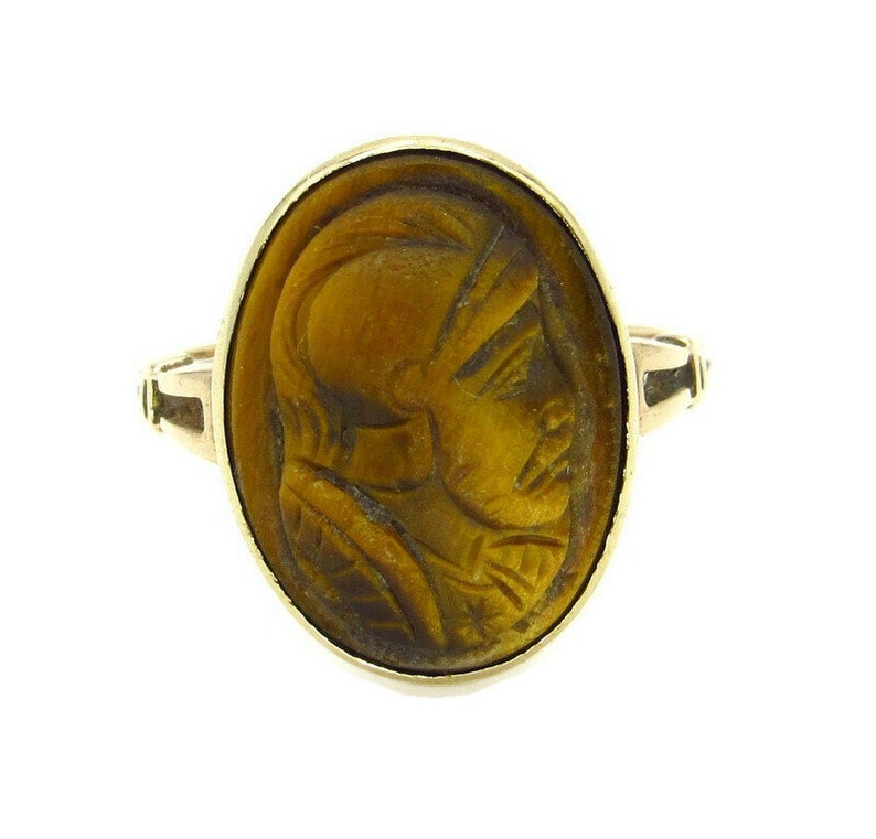 Antique Victorian 10K Yellow Gold Tiger Eye Cameo Ring Size 5 Carved Roman Soldier Warrior Trojan Ring Unisex 5276 image 1