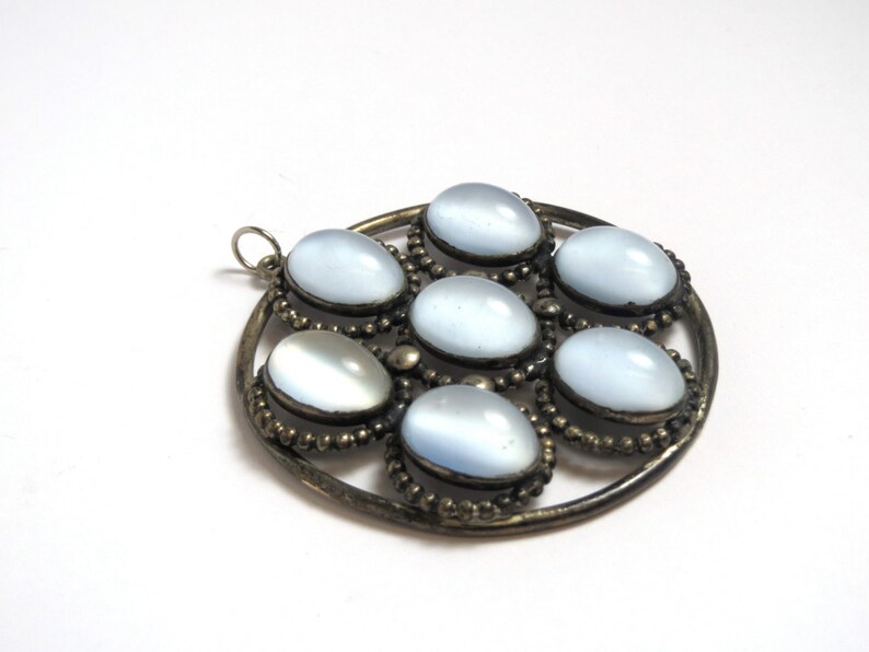 Milky Glass Round Pendant Vintage Silver Tone Large Pendant with Milky Glass Lavender Blue Color 2151 image 3