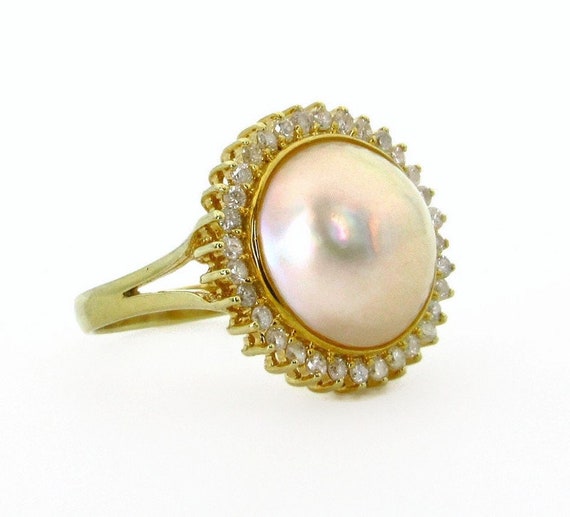 14K Yellow Gold Mabe Cultured Pearl and Diamonds … - image 4