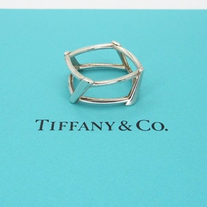 Authentic Tiffany Co Frank Gehry Ring - Open Torque Square Band - Sterling Silver Basket Side Design - Size 6.5 - Retired Tiffany # 5663